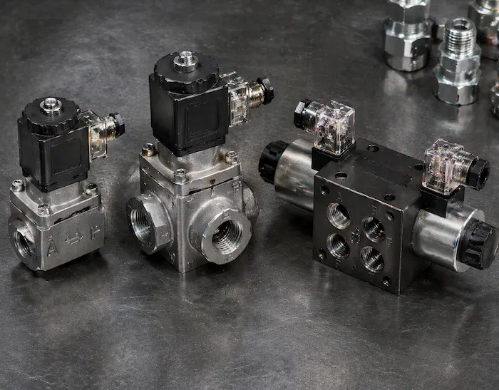 Comparativa de tres tipos de electroválvulas hidráulicas — 2 vías, 3 vías y 4 vías — alineadas sobre superficie metálica industrial mostrando sus configuraciones de puertos
